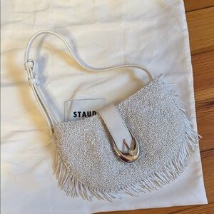STAUD Alana Bag-  White Beaded Fringe Shoulder Bag with Silver-Tone Clasp